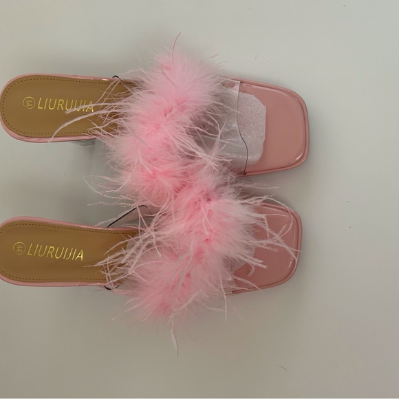 LIURUIJIA Square Toe Feathers High Heel Fur Mules Sandals Size 44 (US 11.5) - Picture 4 of 10